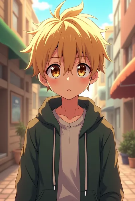 thin man, high,  blonde hair a little long and messy ,  brown eyes, He has an attractive but tender face , Hes a hotshot with women
Nice boys clothing
Anime character 