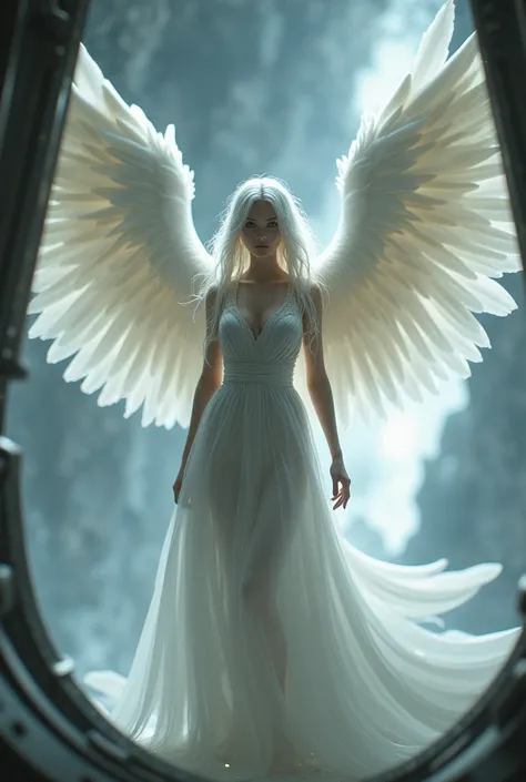 white-colored and dark-eyed angel with wings with scales INSIDE a transport ship, 
