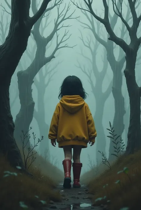 Chubby girl in the forest with dark rainy fog