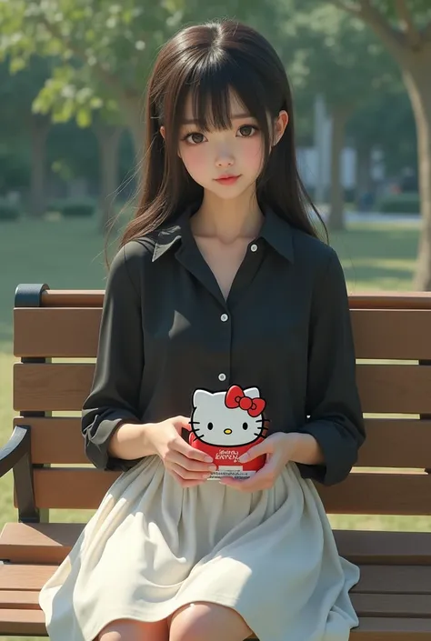  hello kitty cigarette wallet sitting on a bench with a girl of white skin tone ,  the girls hair is smooth and has a fringe on her forehead and she is wearing a white skirt and a black blouse, The girl is holding a k-lint  