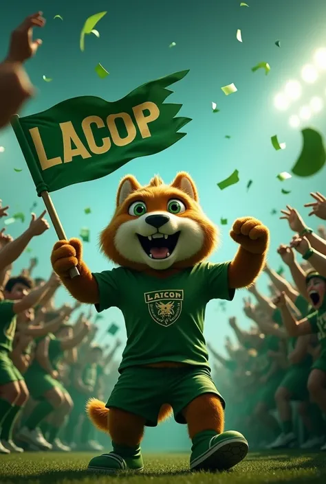 Crie um vídeo excited que simbolize o time LACOP no evento LIGA MJC.  It must be in the center of a vibrant stadium ,  full of enthusiastic fans holding dark green flags ,  dark green pompoms and dark green posters .  The mascot is dancing ,  jumping and l...