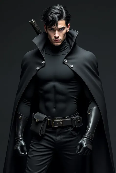 A strikingly handsome, muscular boy with waist-length and shoulder-lenght bangs spiky, black hair and piercing blue eyes. He wears loose black clothing layered with advanced armor concealed by a sleek black cloak with a high collar fastened by silver butto...