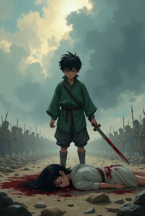 A boy who killed a girl in a sword fight on a battlefield anime