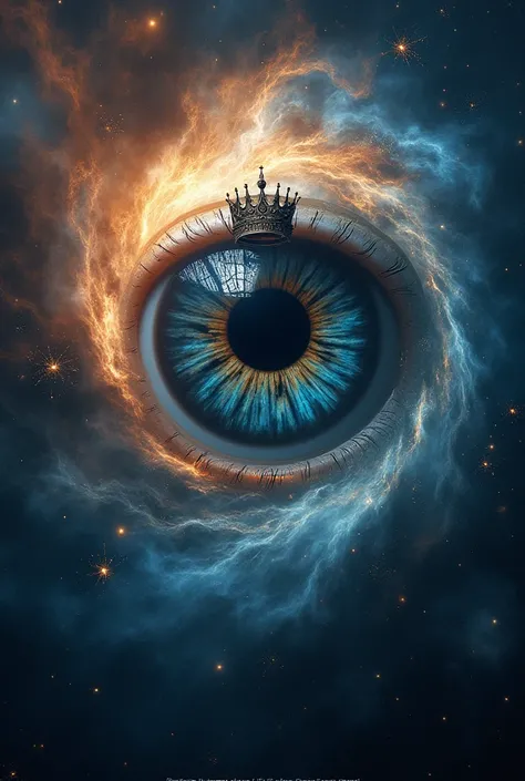 (8K,  RAW photo,  better quality ,  masterpiece :1.2), (realistic, photo-realistic:1.37), an eye in space , The eye must form with the galaxy  "without eyelids "  with the galaxys pupil ,  above the eye a majestic crown, 8K, ultra detail,  