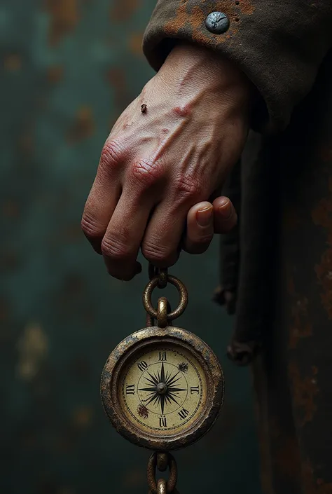 A bruised and battered hand holding a chain that is attached to a compass
