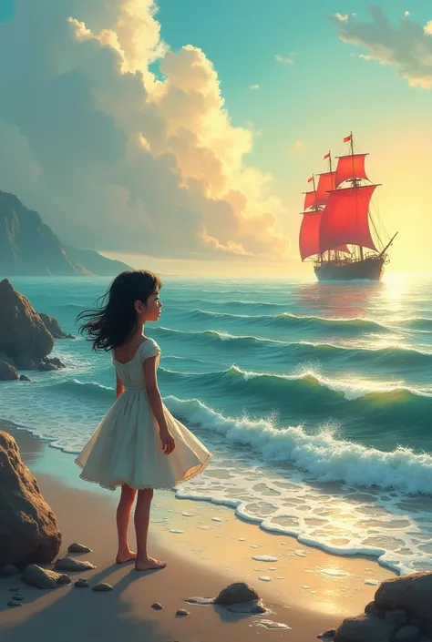 A girl on the seashore is waiting for a ship with red sails