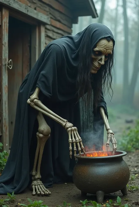 Baba yaga. Super old witch , old woman,  skeletal ,  with lots of wrinkles , con una pata  skeletal  y una pierna normal,  she can go between the two worlds earth and hell . In the background an old wooden cabin that is many years old as if it were in the ...