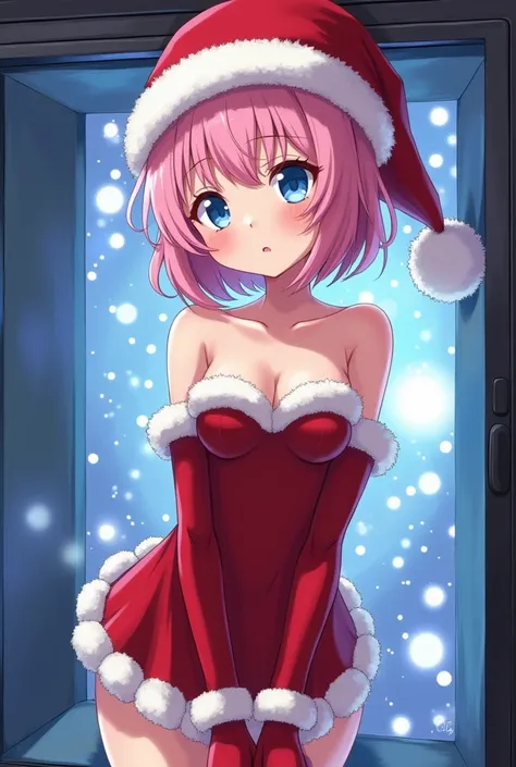  masterpiece ,  best quality , sky blue eyes, 1 girl, only, thin, Blush, Body of a young man , no errors in the images ,  An anime girl with a perverted face, Christmas hat , pink hair, With high quality, (short hair), in the square, orgasm,  small breasts...