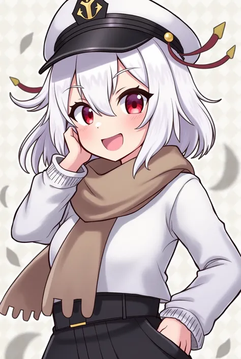 My character has red eyes white hair captains hat white shirt white shirt you cry black and a shirt tucked around the waist and cheerful adult anime short hair and white skin Like white paper a serrated eye and a scarf