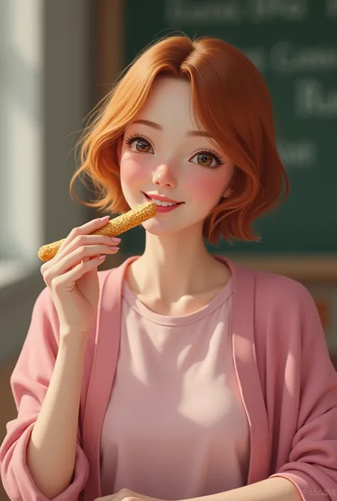 White-skinned teacher with short light copper hair wearing pink clothes and a pink jacket 
Eating some flutes 