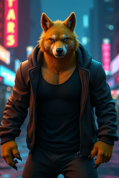 Furry Cooper Krager, Alone,  looking at the spectator, shirt, 1 , jacket,  male approach, open clothes, hood, black shirt, hoodie, muscular, pectorals, muscular male, only, hooded jacket, sharp nails, Night City, neon, furious, yellow fur