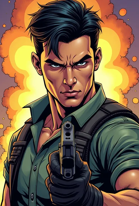 Close-up of a comic book-style illustration. 


A man, likely a character from a comic book or action game, is depicted from mid-chest up. He has short, dark hair and a determined expression with a slight, confident smile. His eyes are intense and gaze dir...