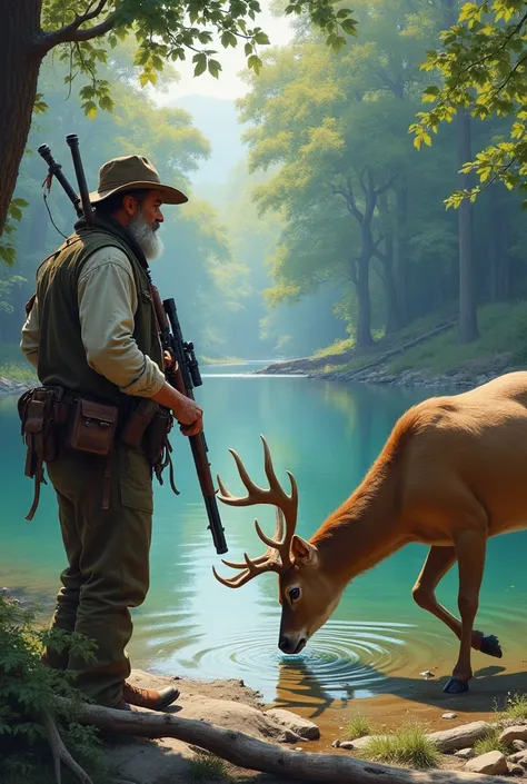   A hunter brandishing his rifle at a deer drinking water by the lake. Create a color painting depicting the atmosphere  