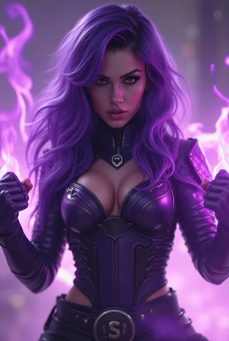 Gorgeous woman shouting, purple hair, fighting pose with armour, close up, sassy, surrounded by purple flames, dark eye makeup up, with letters SIAN