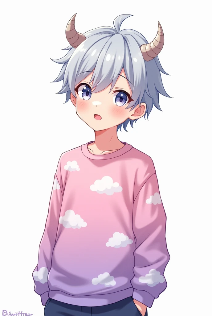 Anime cartoon male character light gray hair light eyes small horns on the head pink and purple sweatshirt with clouds white background half body