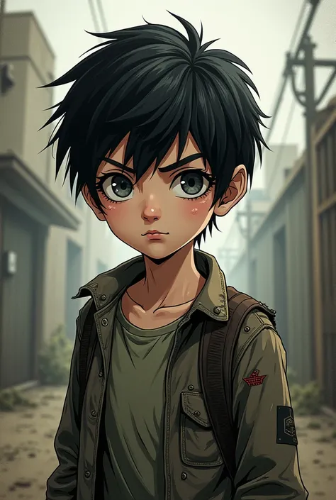 A cute boy with grey eyes, white skin and black hair in The walking dead comic style
