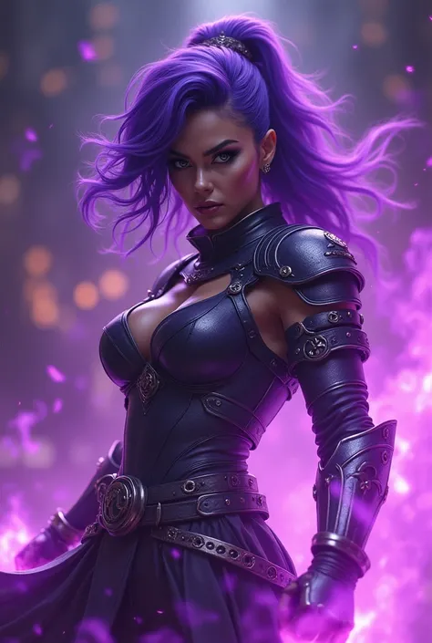 Gorgeous woman shouting, purple hair, fighting pose with armour, close up, sassy, surrounded by purple flames, dark eye makeup up, with letters SIAN