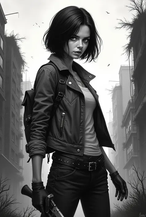 A Beautiful short hair woman with grey eyes, white skin and black hair in The walking dead comic style
