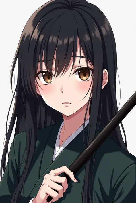  Create an image of a Korean girl with brown eyes.  black hair , smooth, very long. roasted fine.  Do it with an expression of coldness and seriousness. Its a black wand in your hand . eStilo de deSenho animado