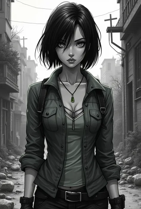 A Beautiful short hair woman with grey eyes, white skin and black hair in The walking dead COMIC style
