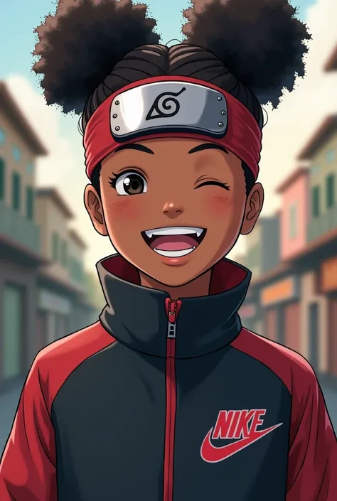 Une fille métisse au yeux noirs elle a un chignon afro et elle porte avec fierté le bandeau du village de konoha elle est habillée avec un ensemble k-way Nike et à un sourire qui ressort toute ses dents et les yeux fermés comme Naruto 