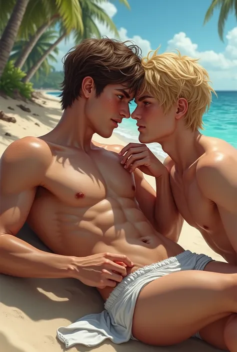 realistic, Young man,  brown hair , gray eyes, freckles, biting the lip, rascal,  look malicious, without underwear naked towel, Lying on sand beach ,mar,coconut tree,of four, beijando outro homem jovem blonde,blonde, Hot guy in wet white underwear , hard ...