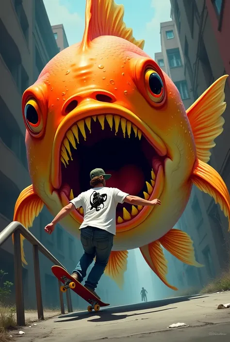 2D design of a giant goldfish which is chasing a skateboarder who is doing a trick on a handrail that crosses quite a few steps. In the design you can see that the goldfish has its mouth open ready to eat the skater and that His teeth are a little yellow a...