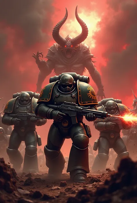  Its the cover of a book called "Experimental weapons " où lon voit des space marines de Warhammer qui font face à des démons de khorne