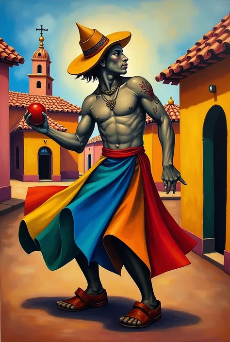 Create a Picasso style painting with A character from the El Gueguense dance from Nicaragua ,Varon dancing with a chischil in the hand where of houses of tiles and a church with different colors 