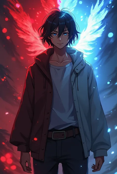 Daiki Glow : He is a 17-year-old teenager who measures 177 and has long hair and different eye colors and brown skin tones 
I animated clothes half of one darkness and the other of light man who Mane in him a demonic darkness and an angel light half and ha...