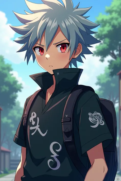 Anime style Pokémon trainer with disheveled but stylish gray hair and dark adventure clothing with dragon-like symbols, neutral look, Ojos rojos, with a black backpack  