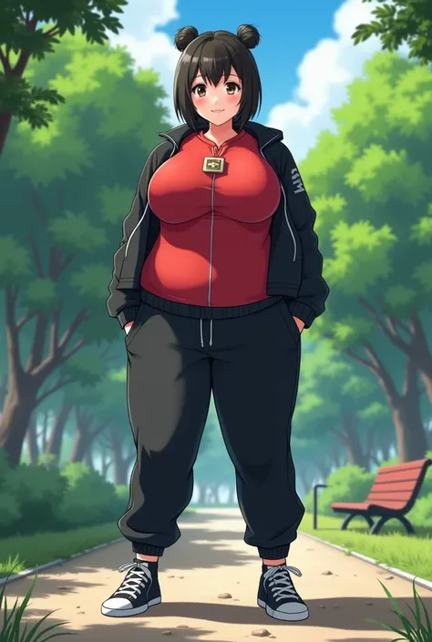  An anime girl in a red sweater with a buckle , on top of which a black jacket , wearing black sweatpants and full-length sneakers, standing in the park,  she has very big breasts  