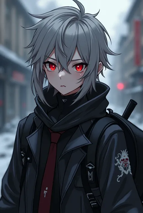 Anime-style character with disheveled but stylish gray hair and dark adventure clothing with dragon-like symbols, neutral look, Ojos rojos, with a black backpack  