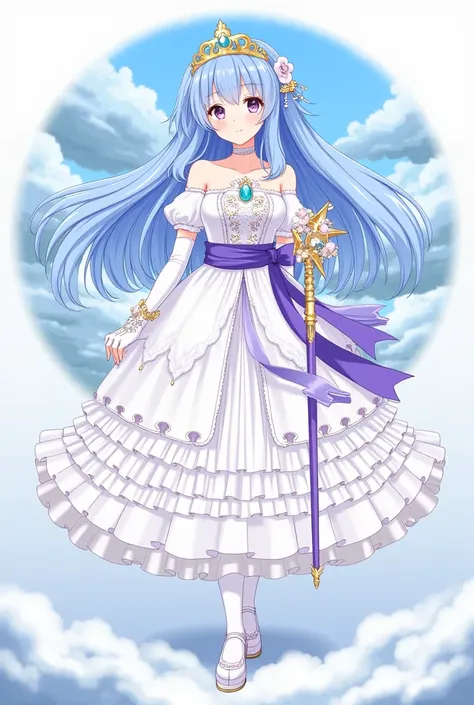 1 girl, alone, long hair, blue hair, 
tiara AND star ornament, white dress, layered dress, magical girl, puff sleeves, cane, purple sash, off shoulder, corset, separate sleeves, bridal gauntlets, Y Haceromo, brooch, standing on clouds, castle background, l...