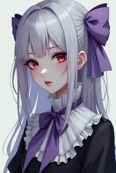 an anime woman,  based on the features of the anime Bungo Stray Dogs . She is pale, She is already 25 years old ,  wears a period dress that covers her entire neck with a white ruffle on the collar. your eyes are red, black lips, Her hair is white and long...