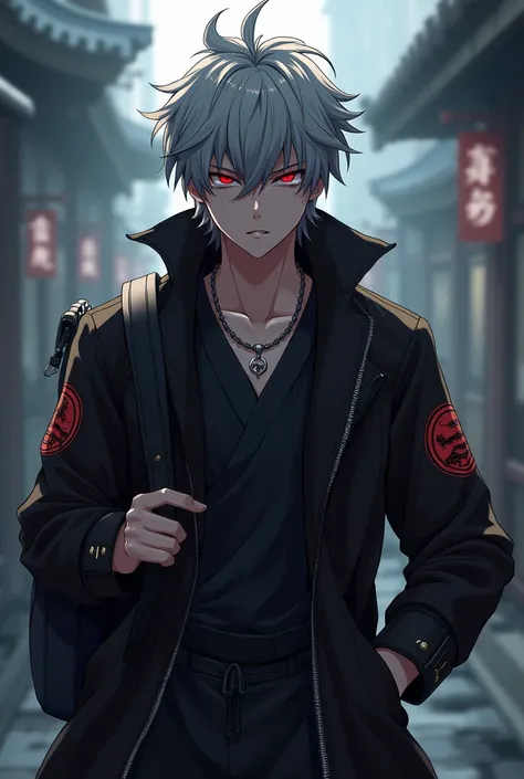 Angry anime-style male character with disheveled but stylish gray hair and dark adventure clothing with dragon-like symbols, neutral look, Ojos rojos, with a black backpack  