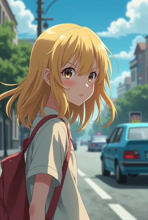 Girl with blond hair about to be run over anime-style looking back from the side perspective with a nostalgic face 
