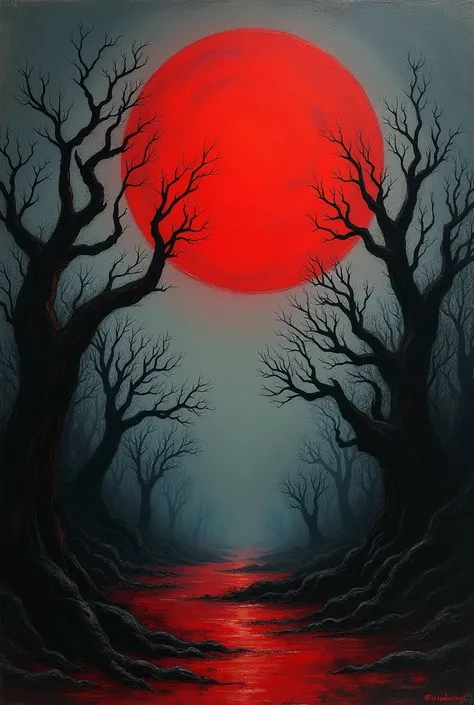  An image for a musical album ,  that looks like a handmade painting,  in Gothic style .  A red moon and a night landscape . 

that is titled " Symphonic Drums "  and below is captioned  "Eyeless in God "