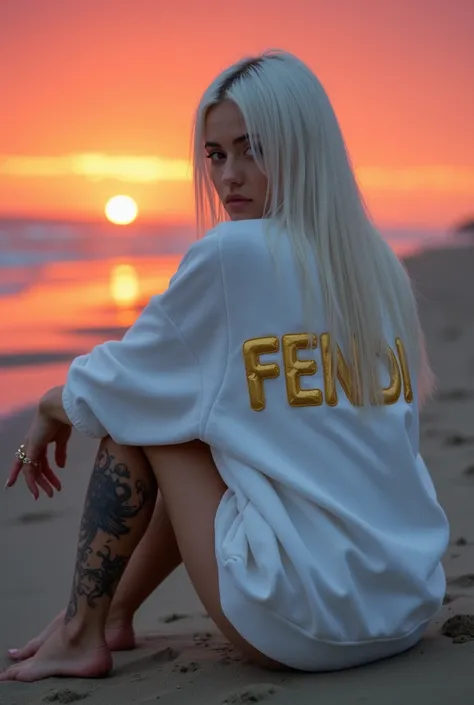 

 Full length rear view of a  ( A girl with long straight platinum white hair) .  She is sitting on a beach at sunset wearing a white FENDI sweatshirt with gold decorations. She has tattoos on her body .  Red sky with shades  . Anelli sulle mani.  Distant...