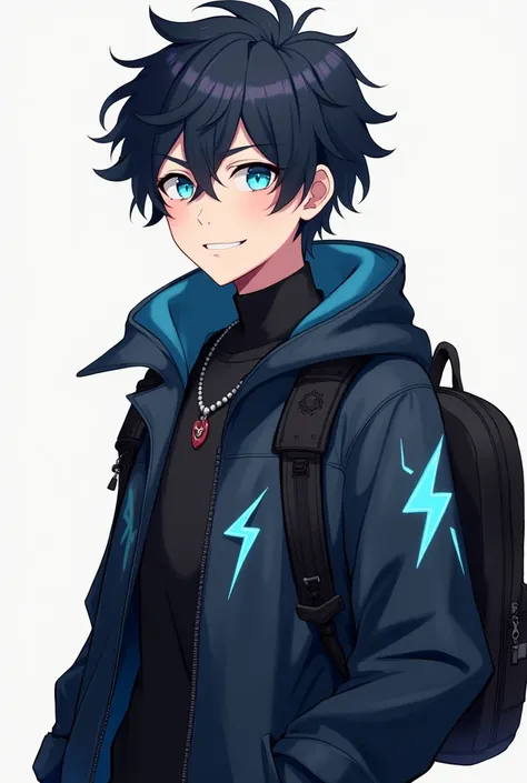 Happy anime-style male character with disheveled but stylish black hair and dark adventure clothing with electric-type symbols, neutral look,  blue eyes , with a black backpack  