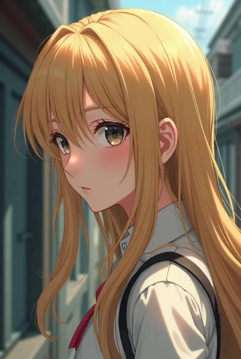  Girl with long blond hair, Im about to be run over anime-style looking back from the side perspective with a nostalgic face somewhat adult clothing
