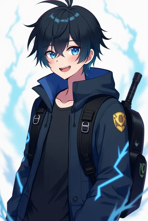 Happy anime-style male character with disheveled but stylish black hair and dark adventure clothing with electric-type symbols, neutral look,  blue eyes , with a black backpack  