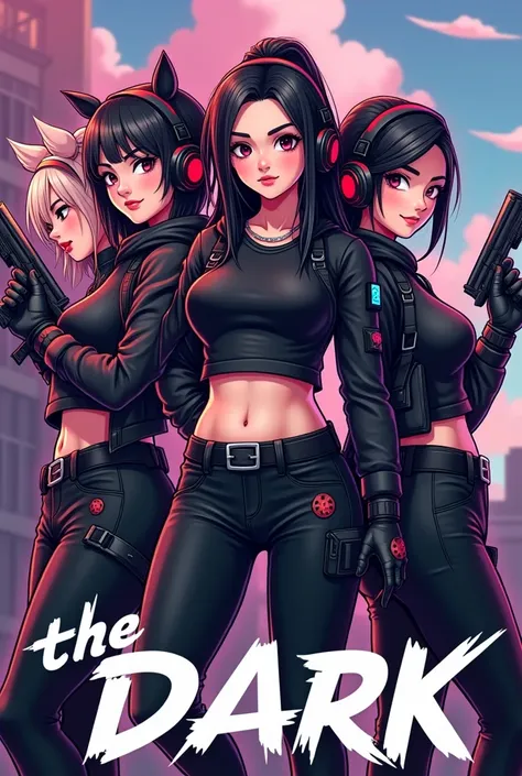 4 gamer girls who play Free Fire together cartoon drawings for logos that say The Dark Crew on the bottom that they are dressed in black 