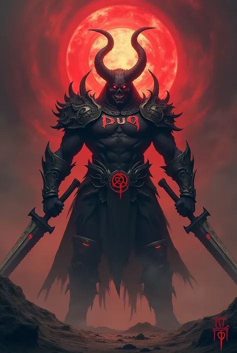 I want a demon warrior and for his clothing to say the word duq