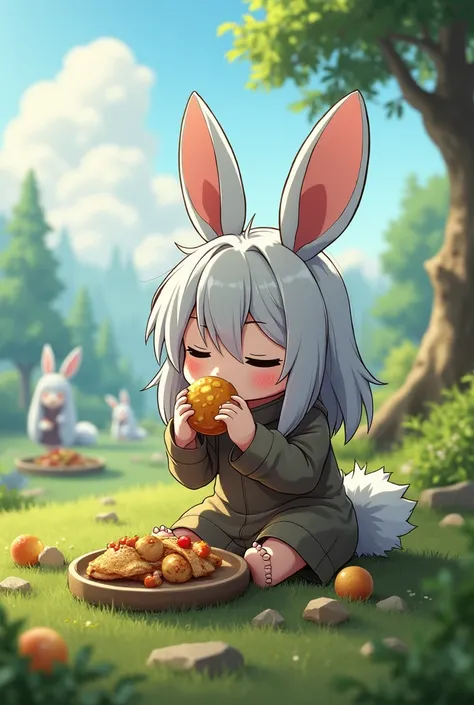 ki(Made in Abyss,male,Lovely,hairy,have,Rabbit ears,Silver Hair,long hair,Baggy pants,Tail,Smile)Sitting and eating weird food,Beautiful nature, You can see strange and chaotic large animals from far away,, rest ,quality(8K,wallpaper of extremely deTailed ...