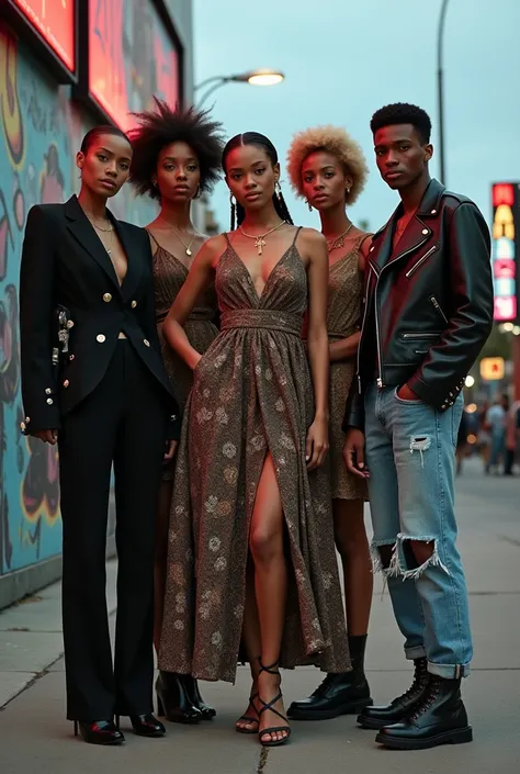 "A high-fashion photoshoot captured in realistic photography, featuring a diverse group of random models with varying styles and looks. The scene takes place in an urban environment, with modern architecture and street art in the background. One model wear...