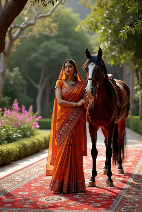 A beautiful handmade carpet from Miaco Carpets laid out in a setting with a beautiful Indian woman and a horse 