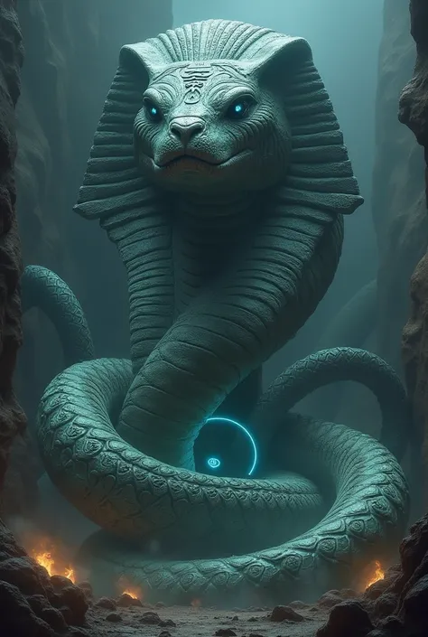 Ultra realestic image of A gigantic snake with the face of a regal sphinx. Its body is adorned with ancient carvings and glowing runes, and its eyes hold a hypnotic power.
