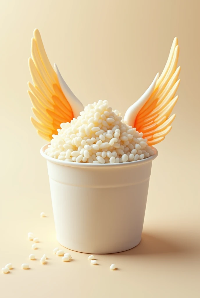 Creamy 
Milk  &  rice this is the name of my brand of rice pudding I want you to put a cup where you can see the rice and put some detalist angel wings on it and from the back of the rice little orange and white lines bleed but let it be a logo that has th...