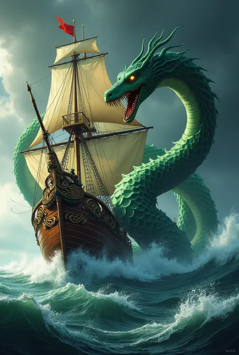 Create a ship being attacked by an emerald-colored serpent